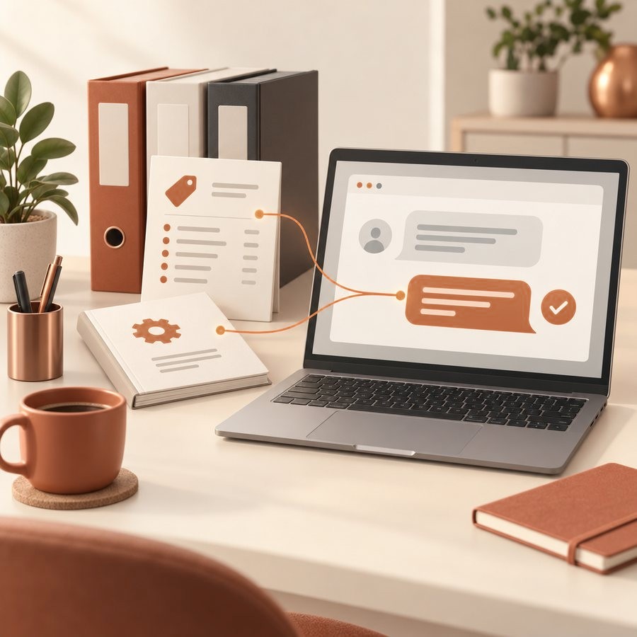 Laptop mit Chatfenster, dahinter Ordner, Preisliste und Handbuch, aus denen die Antwort kommt