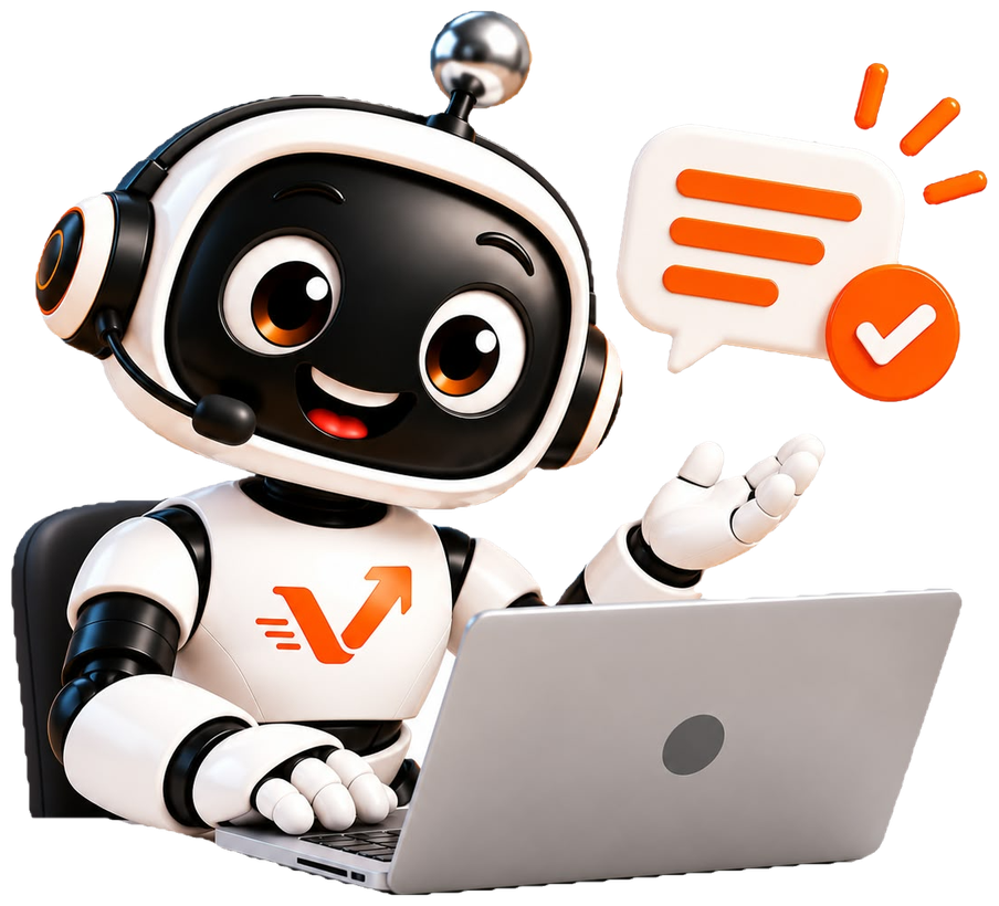 Der vaiacon-Roboter am Laptop, daneben eine Meldung mit Haken