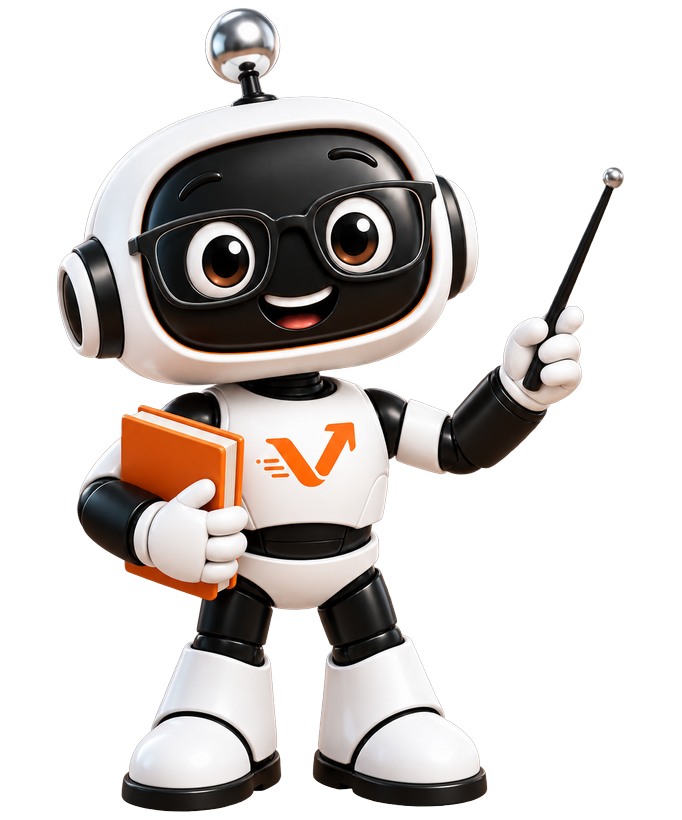 Der vaiacon-Roboter mit Buch und Zeigestab