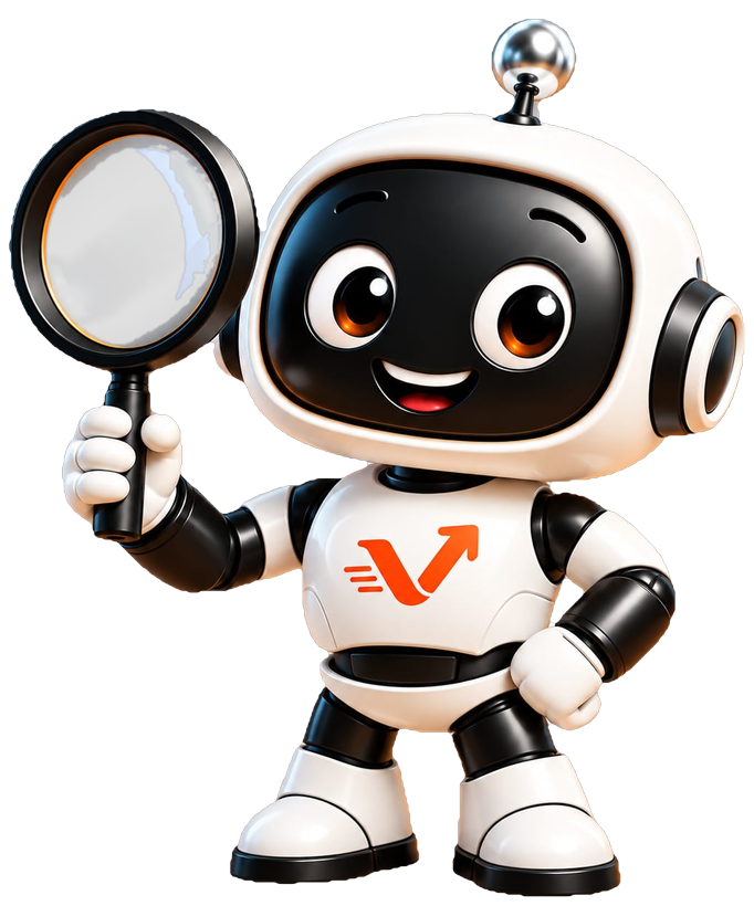 Der vaiacon-Roboter hält eine Lupe für Sichtbarkeit und Suche